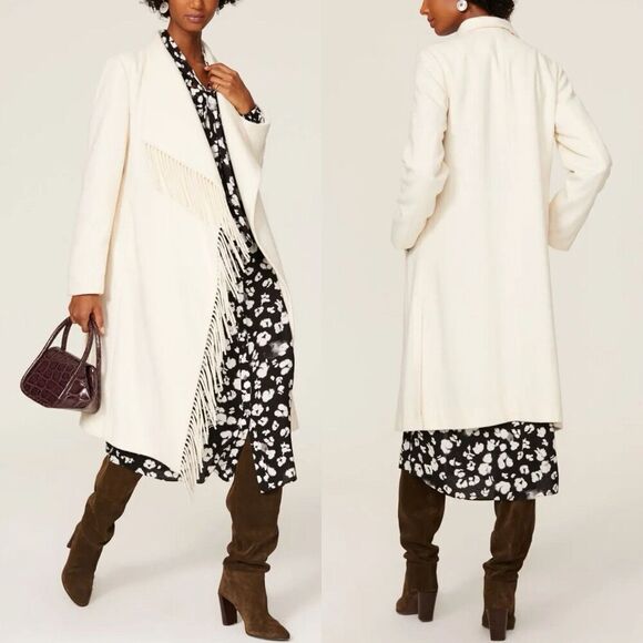 MILLY Fringe Coat Women Small Ivory Open Midi Lined Wool Blend - Picture 1 of 11